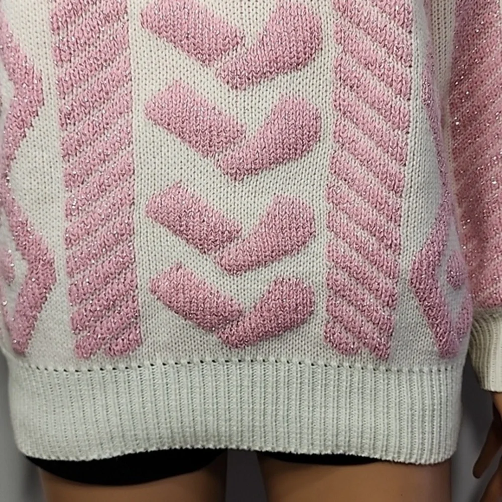 Spunky Metallic‎ Pink/White Sweater Womens S/M Mock Neck  Hearts print Knit Top